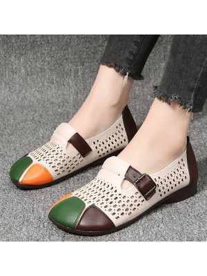 Women Breathable Retro Duck Paw Colorblock Hollow Soft Comfy Simple Slip On Flat Shoes