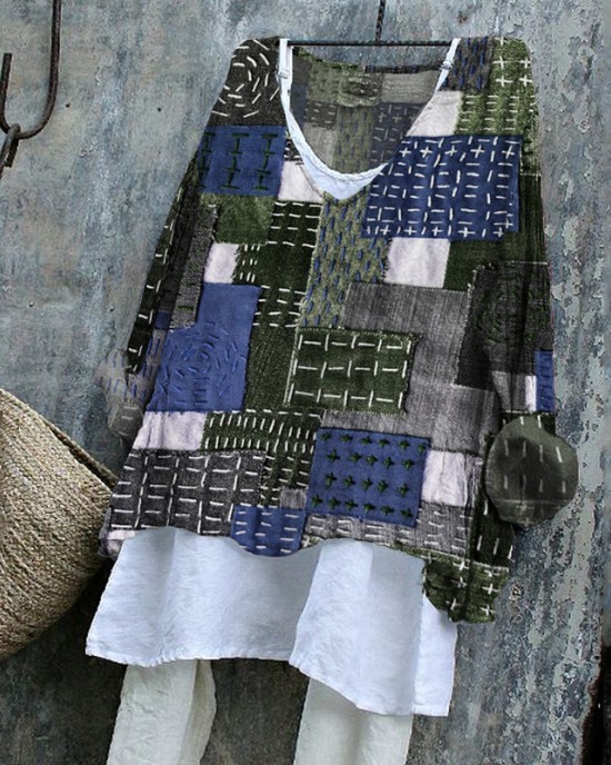 Japanese Sashiko Art Stitched Linen Blend Tunic