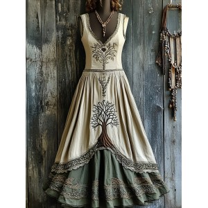 Women's Vintage Viking Tree Of Life Celtic Cotton And Linen V-neck Maxi Dress