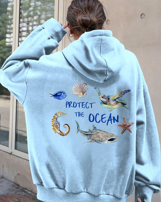 Vintage Protect The Ocean Pattern Hoodie