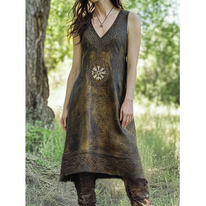 Women's Vintage Viking Rune Faux Leather Pattern Sleeveless Dress