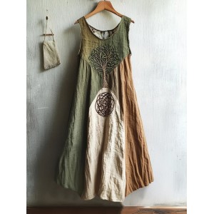 Vintage Viking Tree Of Life Embroidered Linen Dress