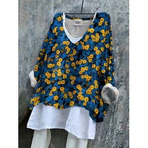 Ukrainian Flag In Floral Art Stop Ukr War Print Linen Women's V-neck Shirt