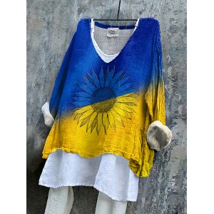 Ukrainian Sunflower Stop Ukr War Print Linen Women's V-neck Shirt