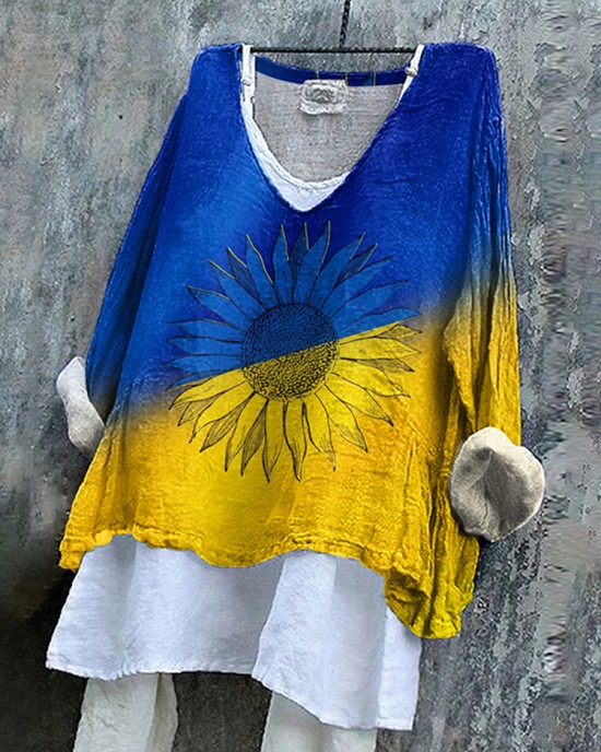 Ukrainian Sunflower Stop Ukr War Print Linen Women's V-neck Shirt