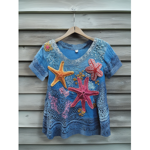 Underwater World Colorful Starfish Embroidered Lace Art Linen Blend Shirt