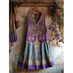 Vintage Viking Tribal Celtic Knot Life Of Tree Patchwork Art Linen Tank Dress