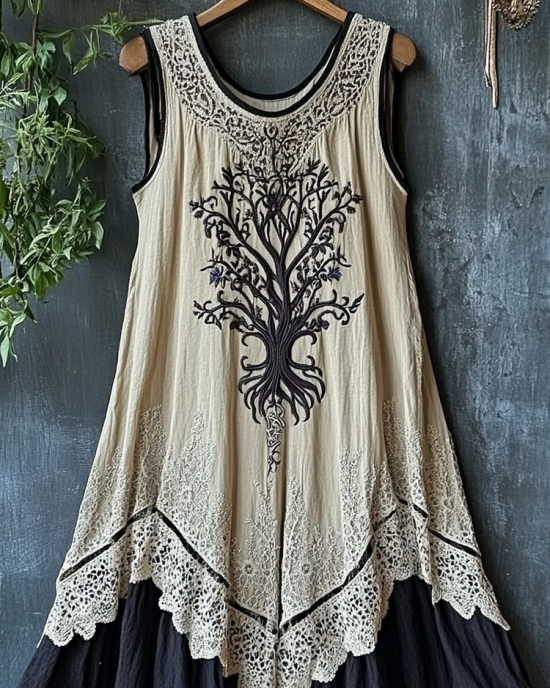 Women's Vintage Tribal Viking Tree Of Life Lace Panel Dress