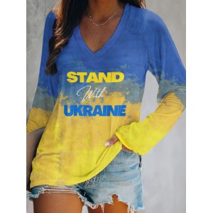 Women's Stand Whit Ukrane Ukrainian Flag Color V-neck T-shirt