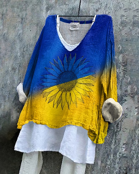 Ukrainian Sunflower Stop Ukr War Print Linen Women's V-neck Shirt