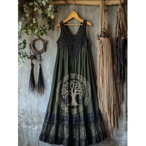 Vintage Tribal Celtic Knot Life Of Tree Lace Patchwork Art Linen Tank Dress