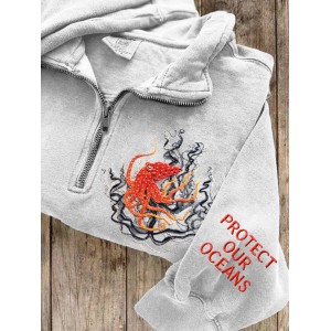 Protect Our Oceans Octopus Embroidery Half-zip Sweatshirt