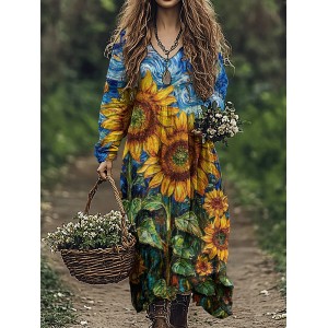 Vintage Ukrainian Sunflower Floral Linen V-neck Dress