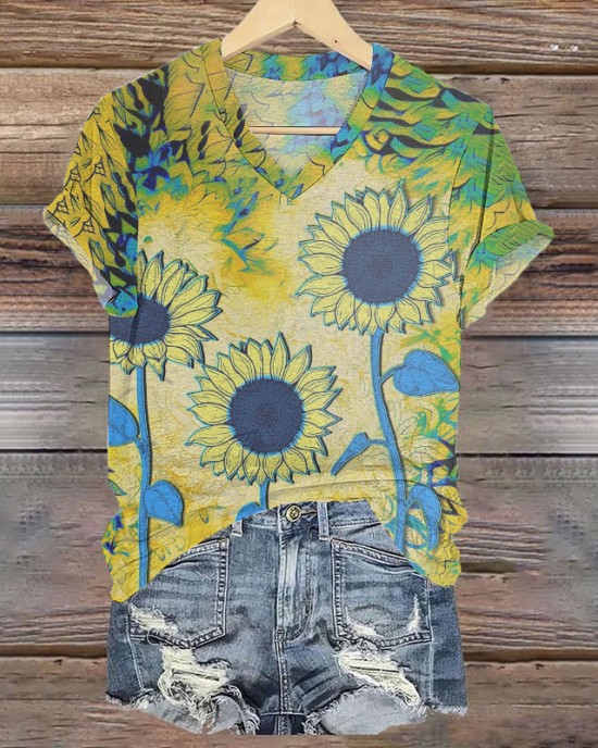 Retro We Standing Together Ukrainian Sunflowers  Art Pattern Casual T Shirt