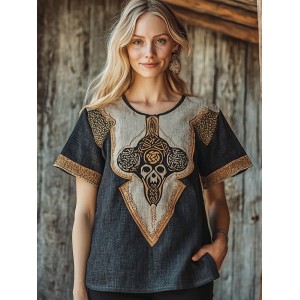 Women's Viking Skull Celtic Knot Art Linen T-shirt