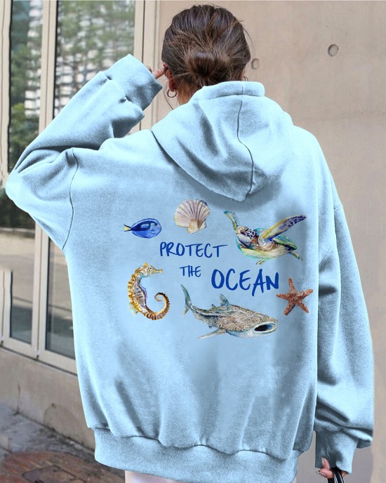 Vintage Protect The Ocean Pattern Hoodie