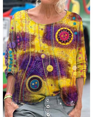 Button Embroidered Floral Women's Vintage Linen Shirt