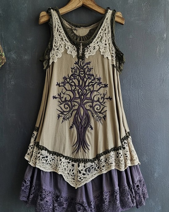 Women's Vintage Tribal Viking Tree Of Life Lace Panel Dress