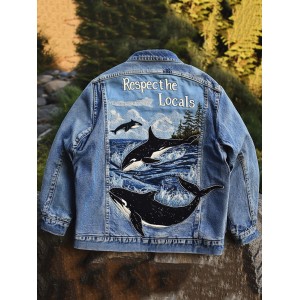 Retro Respect The Locals Waves And Killer Whales Embroidered Art Denim Jacket