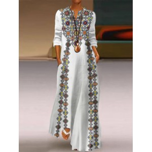 Vintage Ukraine Embroidered Art Print V-neck Casual Maxi Dress