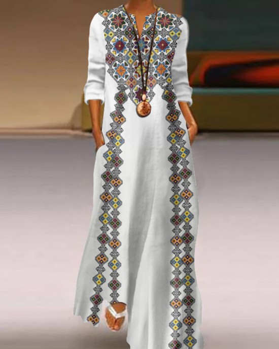 Vintage Ukraine Embroidered Art Print V-neck Casual Maxi Dress