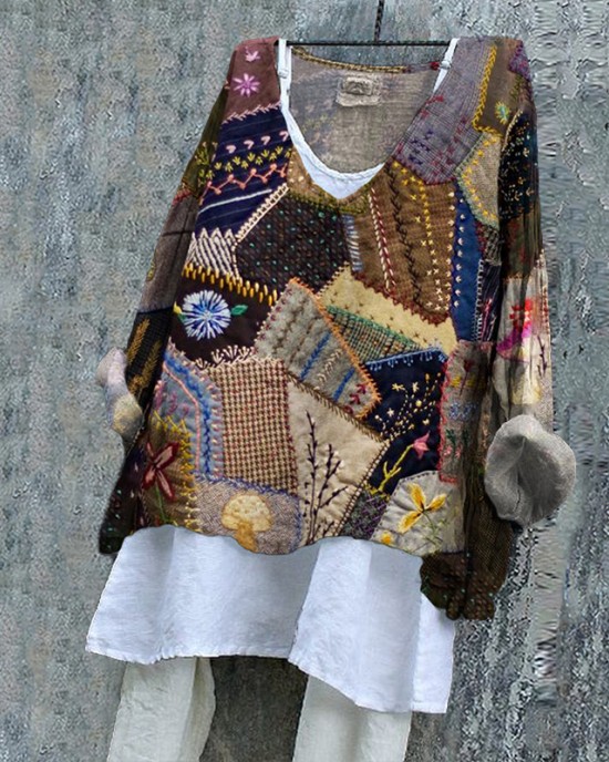 Geometric Stitching Pattern Vintage Women's Linen Shirt