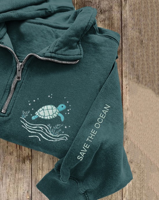 Save The Ocean Sea Turtles Embroidered Zip Up Sweatshirt
