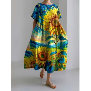 Vintage Ukrainian Sunflower Floral Linen Crew Neck Dress