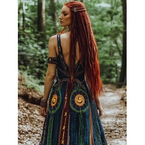 Women's Retro Sun, Moon And Stars Printed Sling Deep V Dress