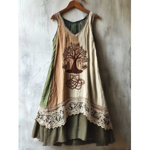 Viking Tree Of Life Embroidered Lace Patchwork Linen Dress