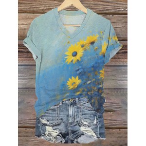 Ukrainian Flag In Floral Oil Art Stop Ukr War  Print T-shirt
