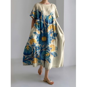 Ukrainian Vintage Flower Art Pattern Linen Blend Maxi Dress