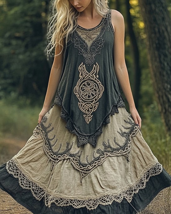 Womens Viking Celtic Knot Rune Art Linen Dress