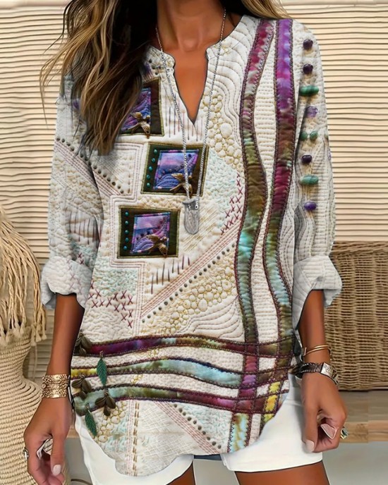 Flower & Bird Embroidery Art Women's Linen V-neck Shirt