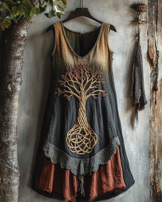 Viking Tree Of Life Lace Gradient Art Linen Tank Dress