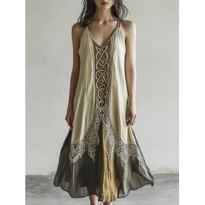 Vintage Celtic Knot Gradient Lace Linen Halter Dress
