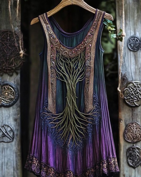 Vintage Celtic Tree Gradient Lace Linen Tank Top