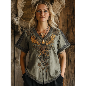 Vintage Women's Viking Eagle Rune Print Linen T-shirt