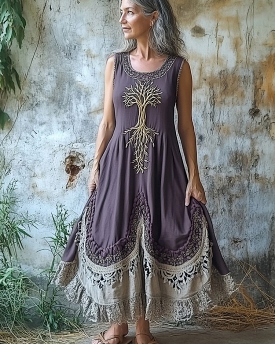 Women's Vintage Tribal Tree Of Life Patchwork Linen Blend Midi Dress