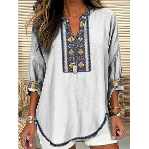 Women's Ukrainian Trident Embroidered Linen V-neck Shirt