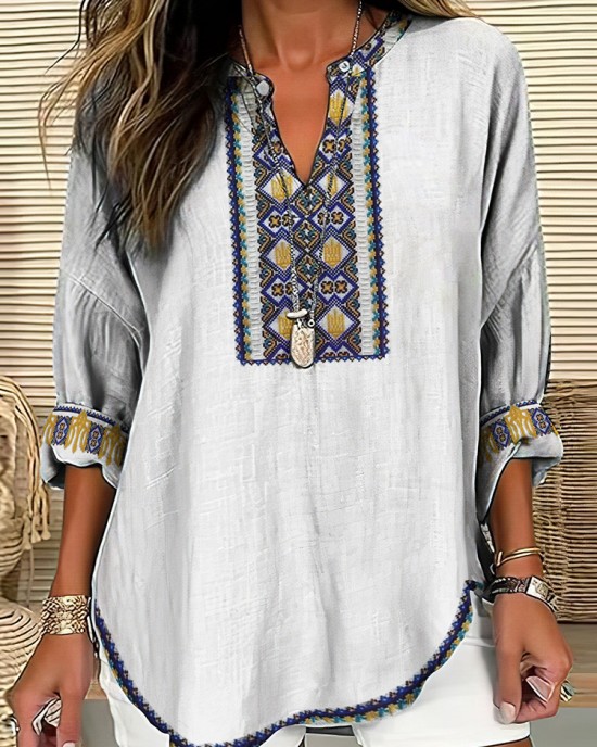 Women's Ukrainian Trident Embroidered Linen V-neck Shirt