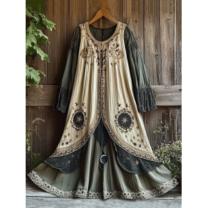 Women's Retro Tribal Star And Moon Splicing Cotton And Linen Long Dress
