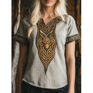Womens Tribal Viking Wolf Celtic Knot Linen Shirt