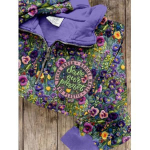 Save Our Planet Violet Wildflower Embroidered Zip Up Sweatshirt