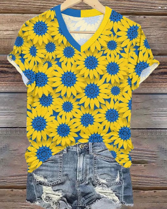 Women's Stand With Ukraine Sunflower V-neck T-shirt