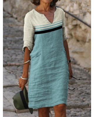 Classy Morandi Colorblock Notch Neck Midi Dress