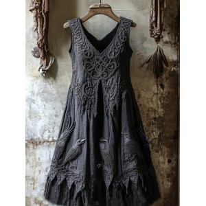 Women's Tribal Dark Night Raven Embroidery Celtic Lace Art Tank Dress