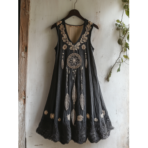Women's Dreamcatcher Embroidered Flowy Linen Tank Dress