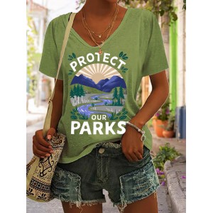 Women's Protect Our National Parks Print V Neck Casual T-shirt