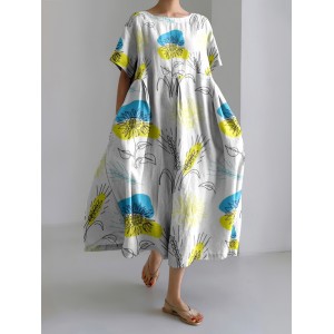 Vintage Ukrainian In Floral Stop Ukr War Pattern Linen Blend Dress